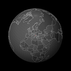 Dark globe centered to Montenegro. Country highlighted with red color on world map. Satellite world projection. Powerful vector illustration.