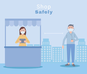 young couple wearing face masks shop safety