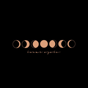 Moon phases icon night space astronomy and nature moon phases sphere shadow. The whole cycle from new moon to full moon. Vector emblem in a minimal linear style.