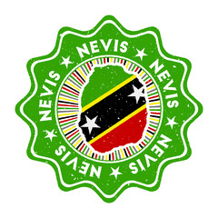 Nevis round grunge stamp with island map and country flag. Vintage badge with circular text and stars, vector illustration.