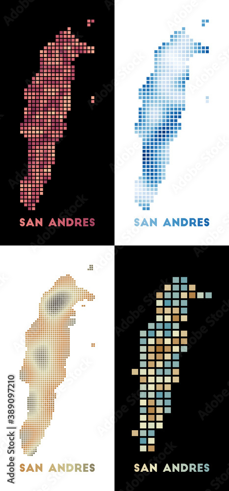 Poster san andres map. collection of maps of san andres in dotted style. borders of the island filled with 