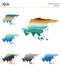 Fototapeta premium Set of vector maps of Asia. Vibrant waves design. Bright map of continent in geometric smooth curves style. Multicolored Asia map for your design. Appealing vector illustration.