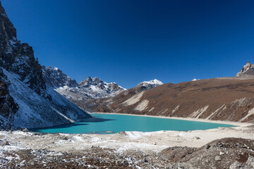 Emerald colored lake at Gokyo valley near Everest base camp trek. Himalayas. Nepal.