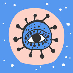 Vector Illustration of eye in corona virus and dots. Hand drawn. Good for wrapping paper, card, birthday invitation, logo design, icon in social media