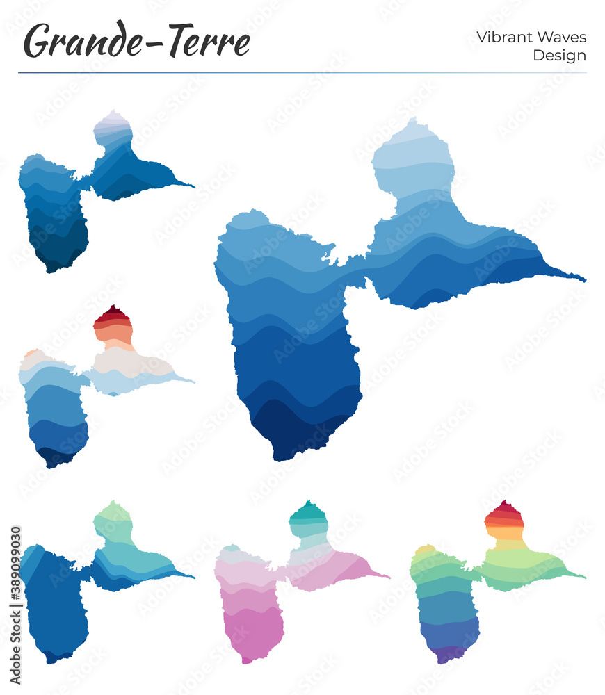 Poster set of vector maps of grande-terre. vibrant waves design. bright map of island in geometric smooth c