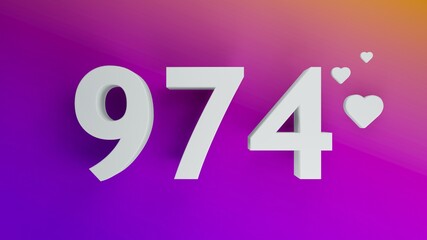 Number 974 in white on purple and orange gradient background, social media isolated number 3d render
