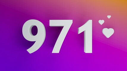 Number 971 in white on purple and orange gradient background, social media isolated number 3d render