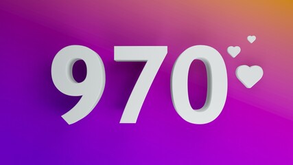 Number 970 in white on purple and orange gradient background, social media isolated number 3d render