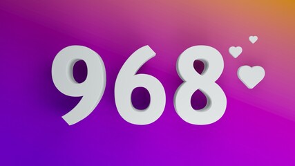 Number 968 in white on purple and orange gradient background, social media isolated number 3d render