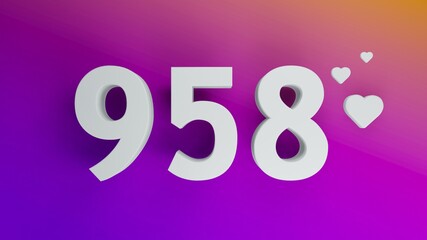 Number 958 in white on purple and orange gradient background, social media isolated number 3d render