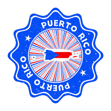 Puerto Rico round grunge stamp with country map and country flag. Vintage badge with circular text and stars, vector illustration.