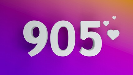 Number 905 in white on purple and orange gradient background, social media isolated number 3d render