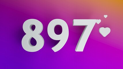 Number 897 in white on purple and orange gradient background, social media isolated number 3d render