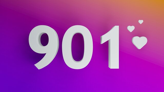 Number 901 in white on purple and orange gradient background, social media isolated number 3d render