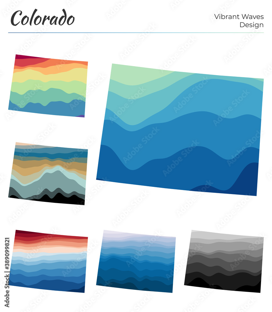Poster set of vector maps of colorado. vibrant waves design. bright map of us state in geometric smooth cur