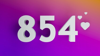 Number 854 in white on purple and orange gradient background, social media isolated number 3d render