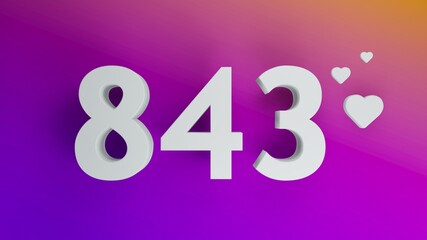 Number 843 in white on purple and orange gradient background, social media isolated number 3d render