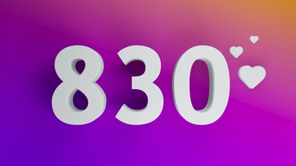 Number 830 in white on purple and orange gradient background, social media isolated number 3d render