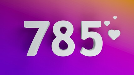 Number 785 in white on purple and orange gradient background, social media isolated number 3d render