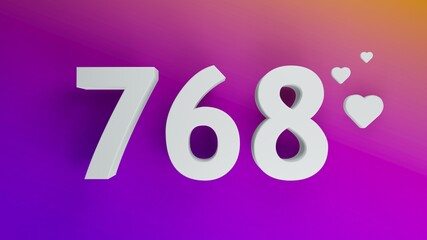 Number 768 in white on purple and orange gradient background, social media isolated number 3d render