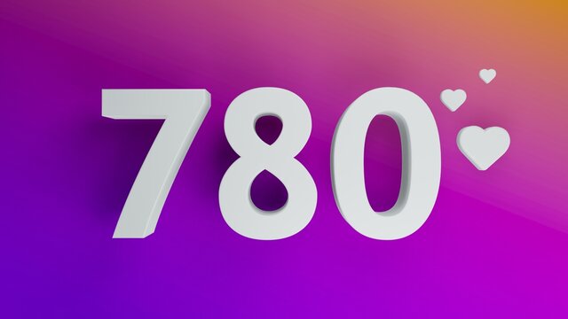 Number 780 in white on purple and orange gradient background, social media isolated number 3d render