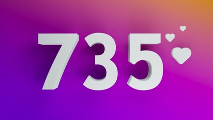 Number 735 in white on purple and orange gradient background, social media isolated number 3d render