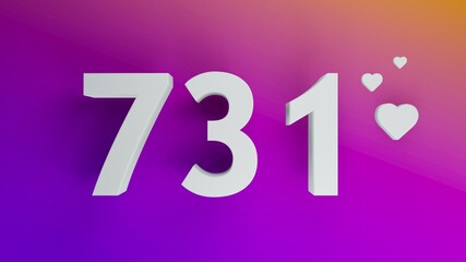 Number 731 in white on purple and orange gradient background, social media isolated number 3d render