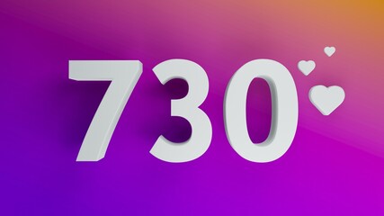 Number 730 in white on purple and orange gradient background, social media isolated number 3d render