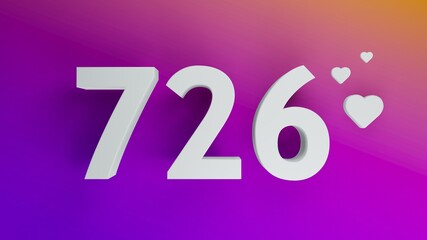 Number 726 in white on purple and orange gradient background, social media isolated number 3d render