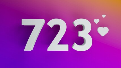 Number 723 in white on purple and orange gradient background, social media isolated number 3d render