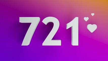 Number 721 in white on purple and orange gradient background, social media isolated number 3d render