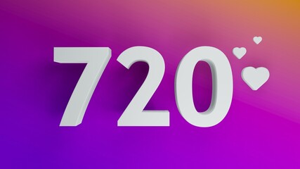 Number 720 in white on purple and orange gradient background, social media isolated number 3d render