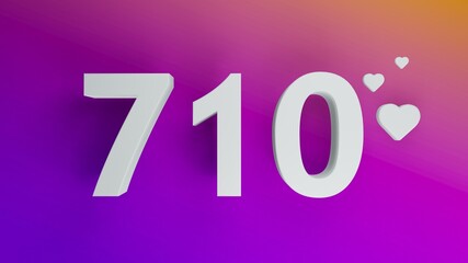 Number 710 in white on purple and orange gradient background, social media isolated number 3d render