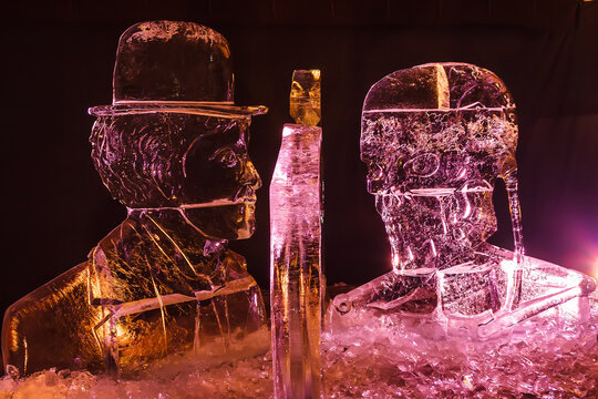 Ice Sculpture of Man and Skull, Festival in Jelgava, Latvia in February 9, 2019