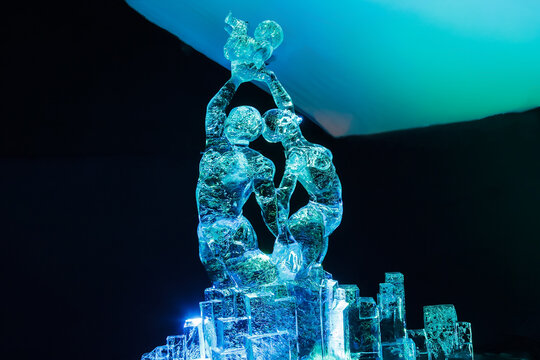 Ice Sculpture Of Man, Woman And Baby. Festival In Jelgava, Latvia In February 9, 2019