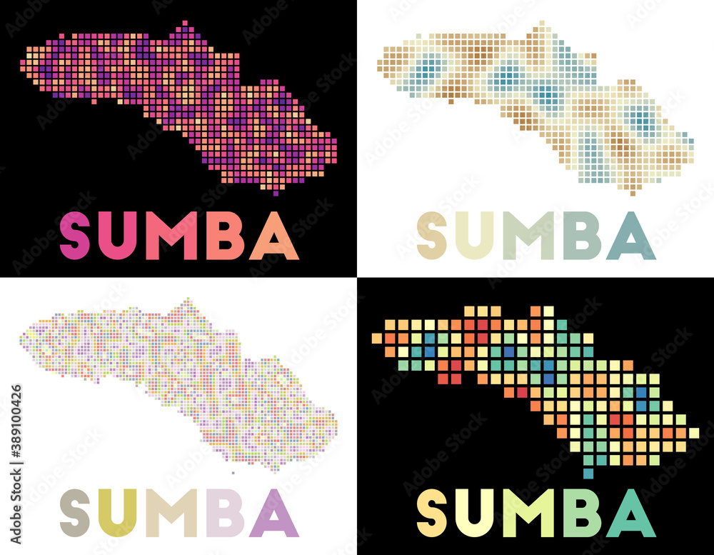 Poster sumba map. collection of map of sumba in dotted style. borders of the island filled with rectangles 