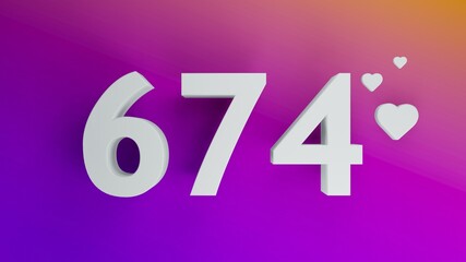 Number 674 in white on purple and orange gradient background, social media isolated number 3d render