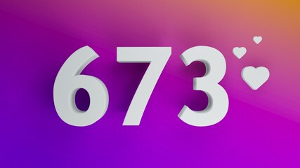 Number 673 in white on purple and orange gradient background, social media isolated number 3d render