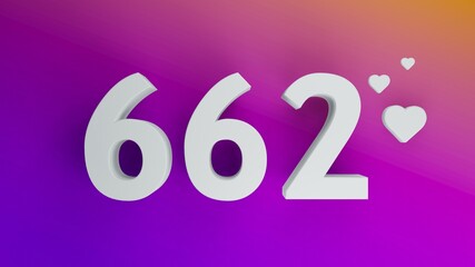 Number 662 in white on purple and orange gradient background, social media isolated number 3d render