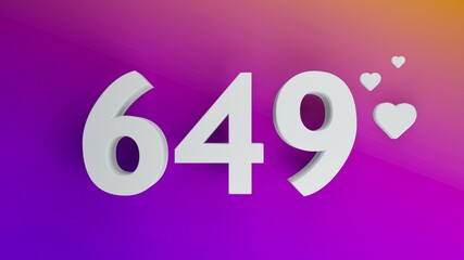 Number 649 in white on purple and orange gradient background, social media isolated number 3d render