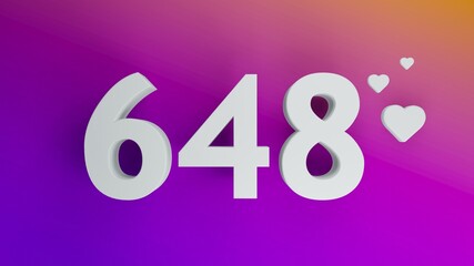 Number 648 in white on purple and orange gradient background, social media isolated number 3d render