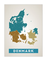 Denmark map. Country poster with regions. Old grunge texture. Shape of Denmark with country name. Attractive vector illustration.