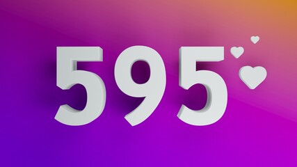 Number 595 in white on purple and orange gradient background, social media isolated number 3d render