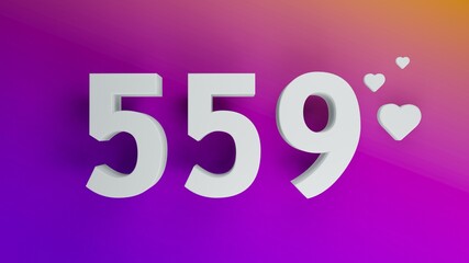 Number 559 in white on purple and orange gradient background, social media isolated number 3d render