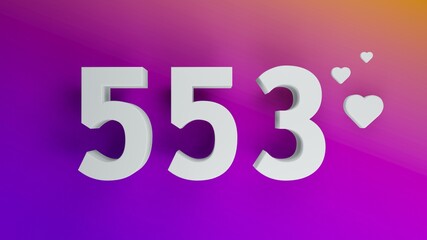Number 553 in white on purple and orange gradient background, social media isolated number 3d render