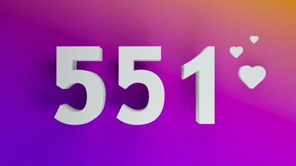 Number 551 in white on purple and orange gradient background, social media isolated number 3d render