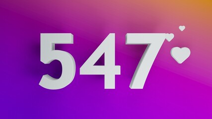 Number 547 in white on purple and orange gradient background, social media isolated number 3d render