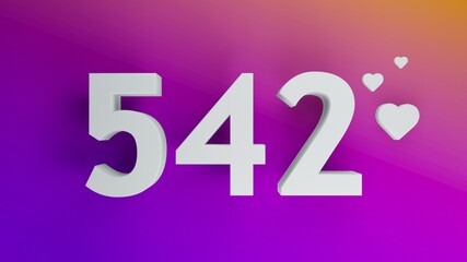 Number 542 in white on purple and orange gradient background, social media isolated number 3d render