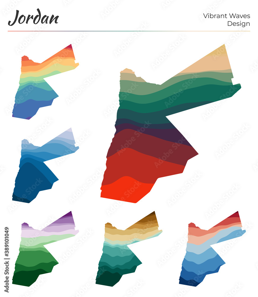 Poster set of vector maps of jordan. vibrant waves design. bright map of the country in geometric smooth cu
