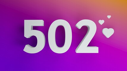 Number 502 in white on purple and orange gradient background, social media isolated number 3d render